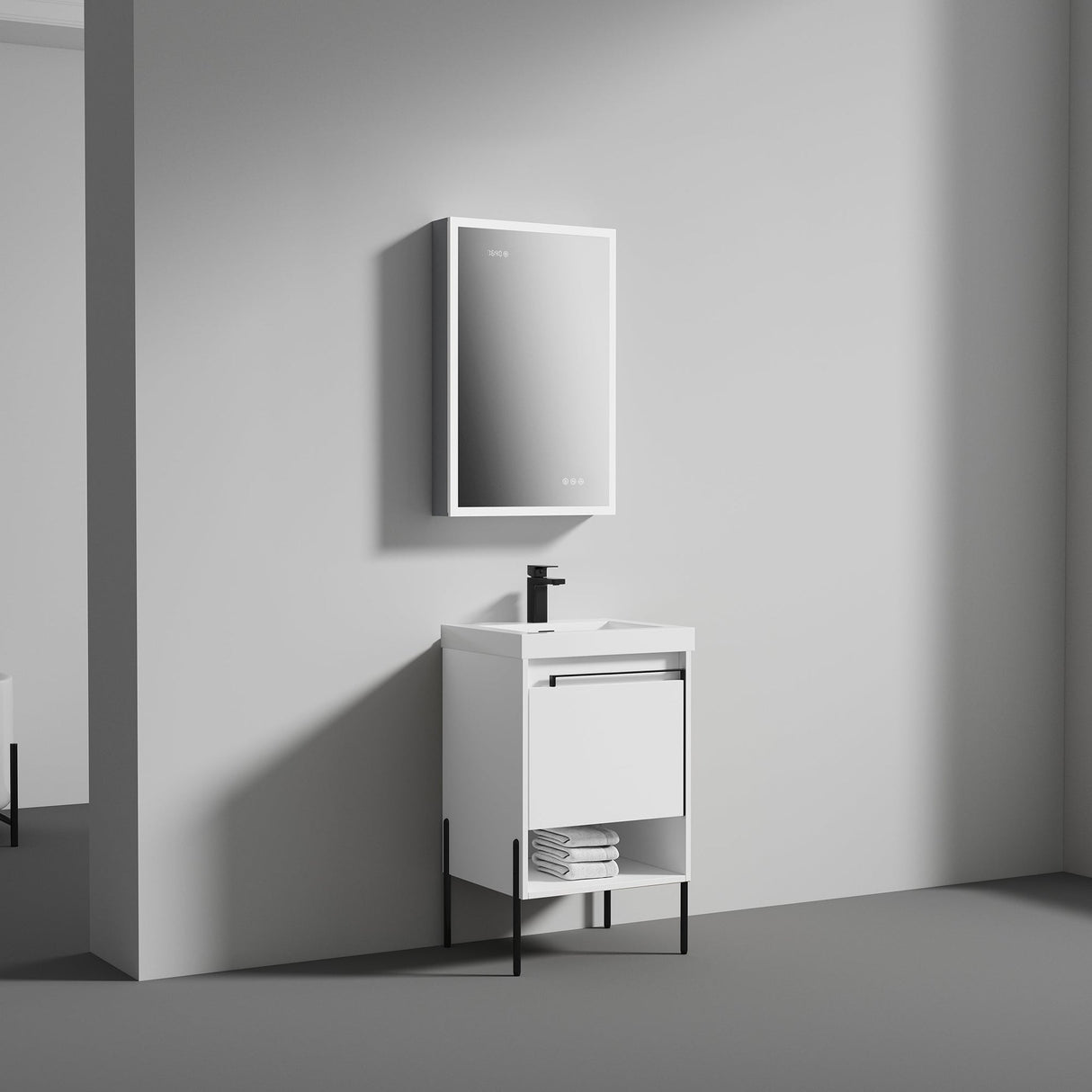 Blossom Turin 20" 1-Drawer Matte White Freestanding Single Vanity Base With Open Shelf, Handle and Legs