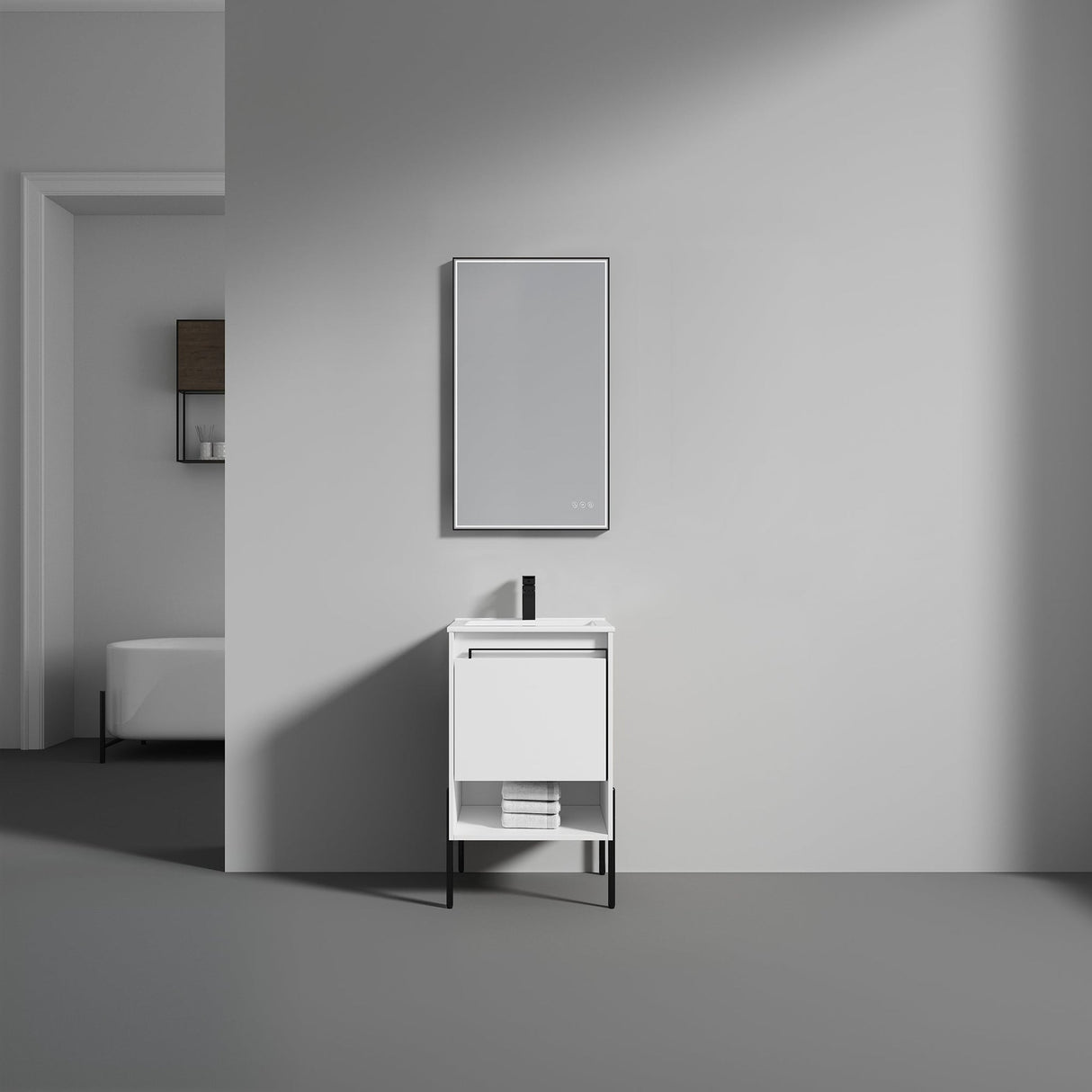 Blossom Turin 20" 1-Drawer Matte White Freestanding Single Vanity Base With Open Shelf, Handle and Legs
