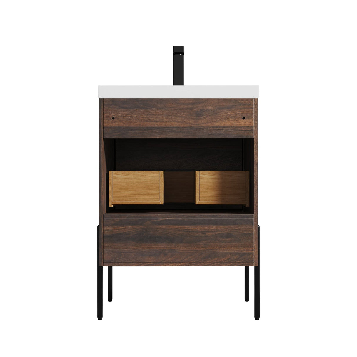 Blossom Turin 24" 1-Drawer Cali Walnut Freestanding Single Vanity Base With Open Shelf, Handle and Legs