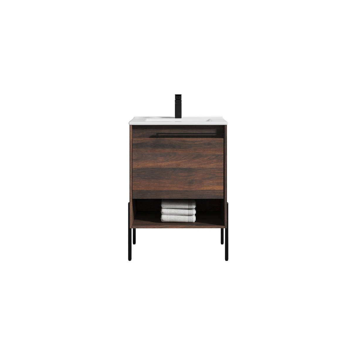 Blossom Turin 24" 1-Drawer Cali Walnut Freestanding Single Vanity Base With Open Shelf, Handle and Legs
