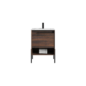 Blossom Turin 24" 1-Drawer Cali Walnut Freestanding Single Vanity Base With Open Shelf, Handle and Legs