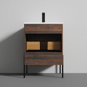 Blossom Turin 24" 1-Drawer Cali Walnut Freestanding Single Vanity Base With Open Shelf, Handle and Legs