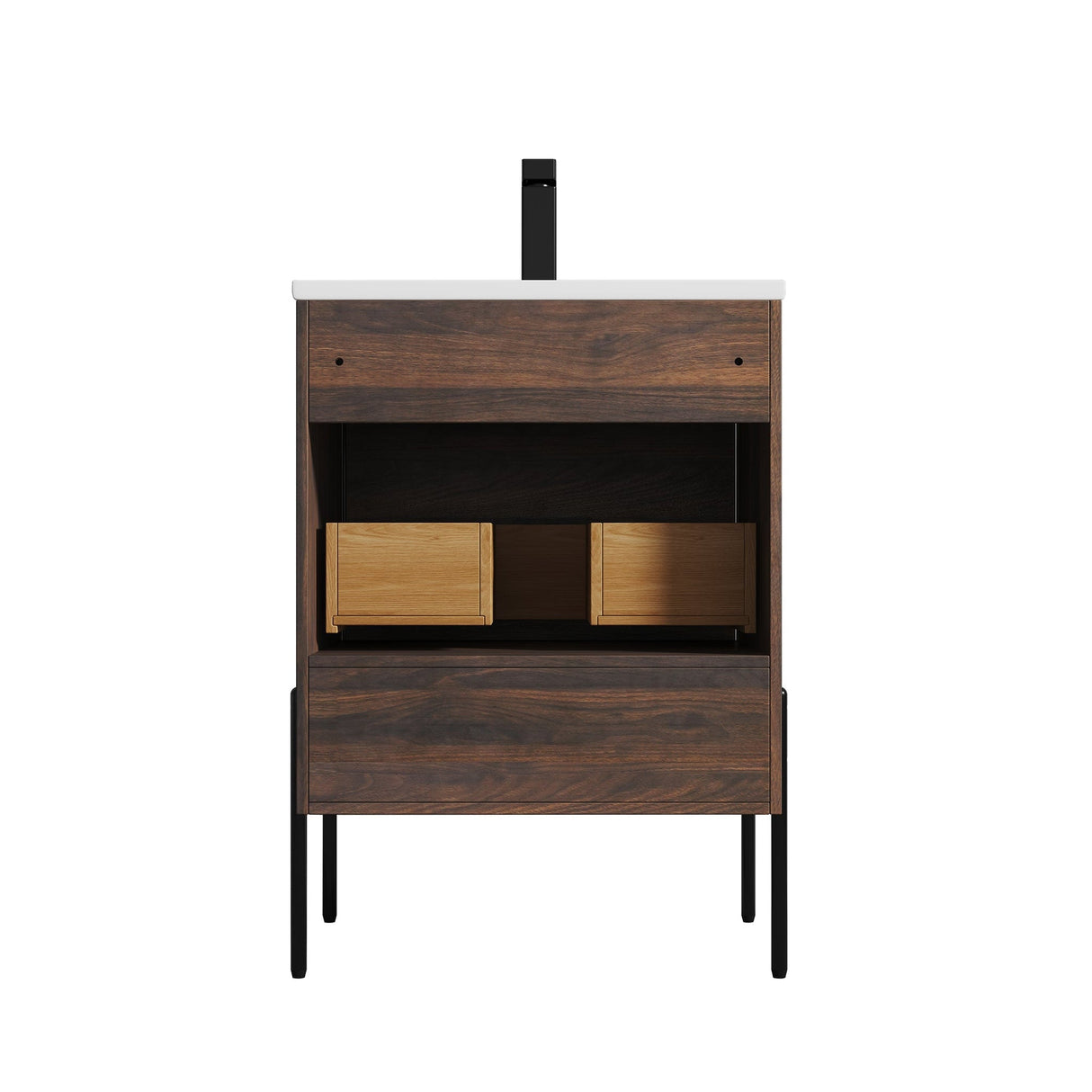 Blossom Turin 24" 1-Drawer Cali Walnut Freestanding Single Vanity Base With Open Shelf, Handle and Legs