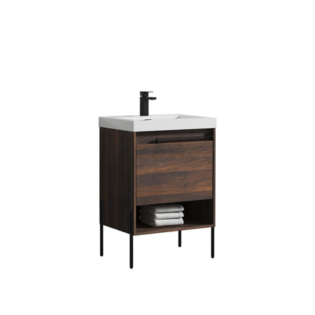 Blossom Turin 24" 1-Drawer Cali Walnut Freestanding Single Vanity Base With Open Shelf, Handle and Legs