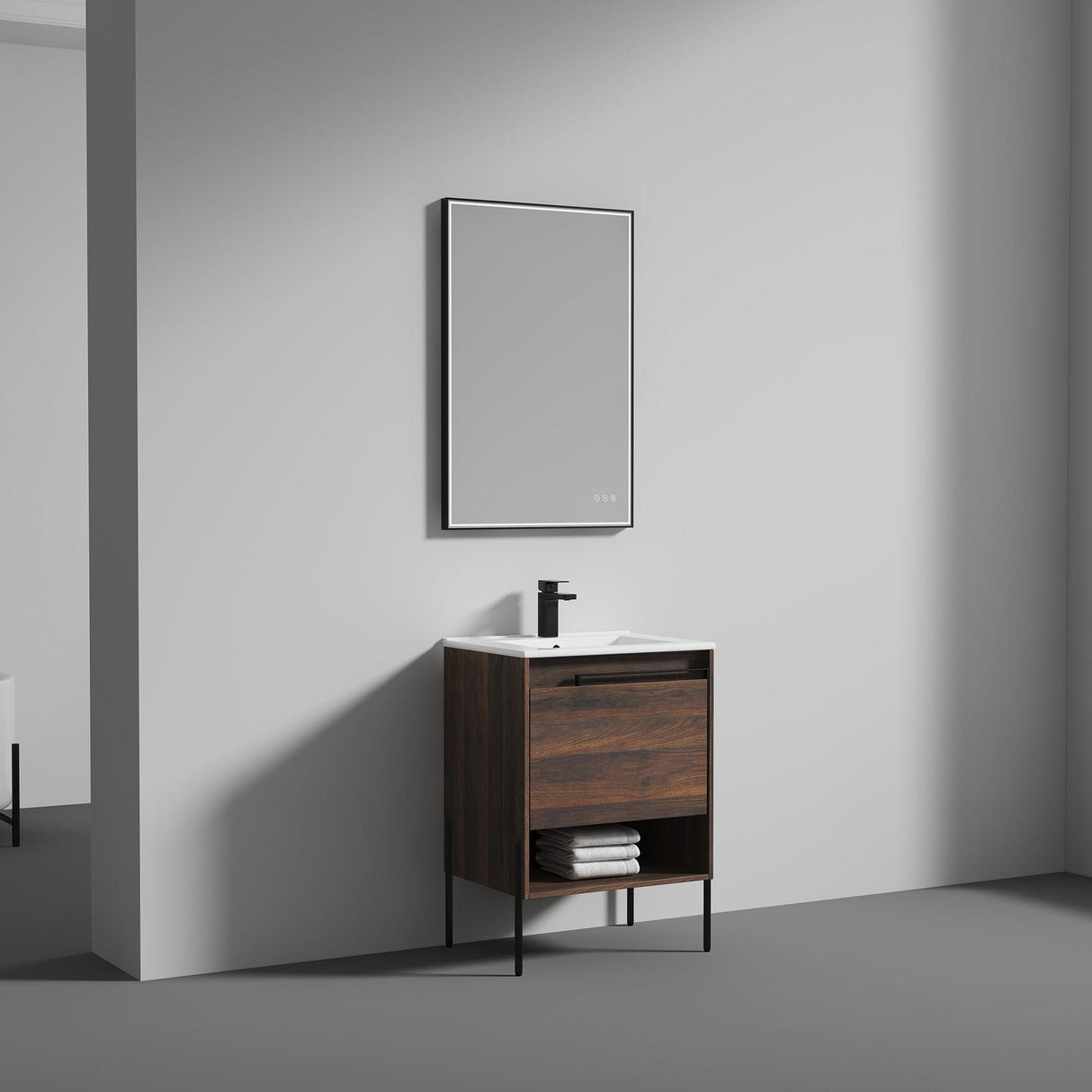Blossom Turin 24" 1-Drawer Cali Walnut Freestanding Single Vanity Base With Open Shelf, Handle and Legs