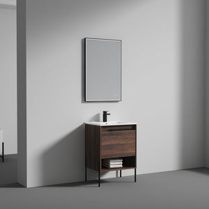 Blossom Turin 24" 1-Drawer Cali Walnut Freestanding Single Vanity Base With Open Shelf, Handle and Legs