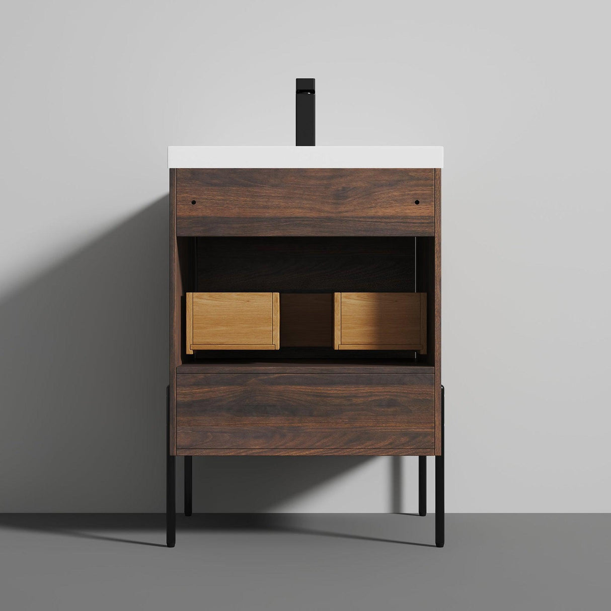 Blossom Turin 24" 1-Drawer Cali Walnut Freestanding Single Vanity Base With Open Shelf, Handle and Legs