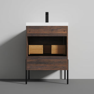 Blossom Turin 24" 1-Drawer Cali Walnut Freestanding Single Vanity Base With Open Shelf, Handle and Legs