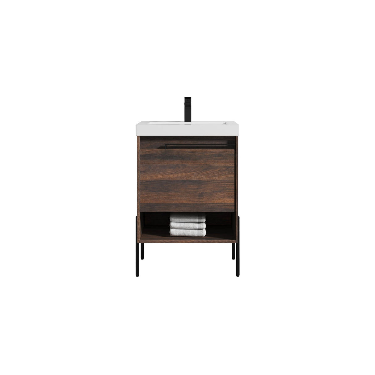 Blossom Turin 24" 1-Drawer Cali Walnut Freestanding Single Vanity Base With Open Shelf, Handle and Legs