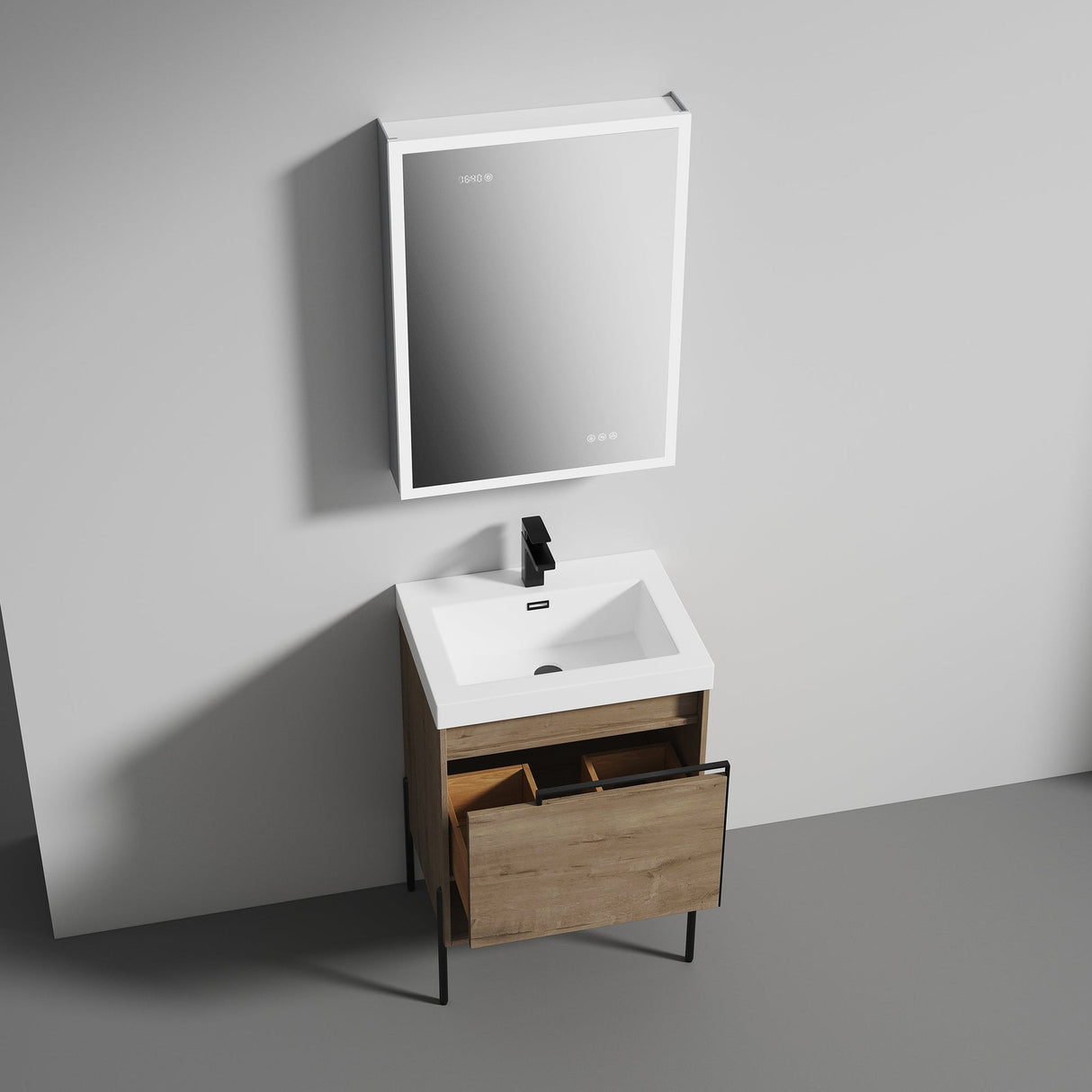 Blossom Turin 24" 1-Drawer Classic Oak Freestanding Single Vanity Base With Open Shelf, Handle and Legs