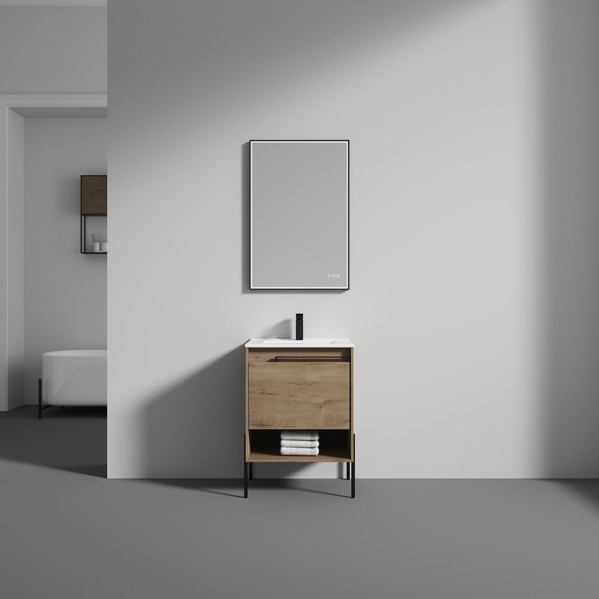 Blossom Turin 24" 1-Drawer Classic Oak Freestanding Single Vanity Base With Open Shelf, Handle and Legs