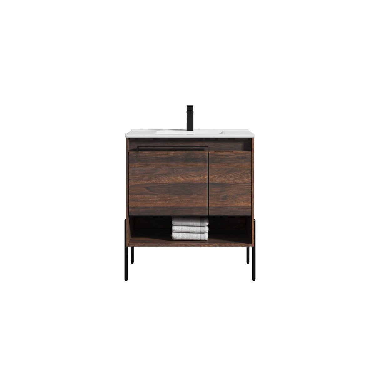 Blossom Turin 30" 1-Door 1-Drawer Cali Walnut Freestanding Single Vanity Base With Open Shelf, Handle and Legs