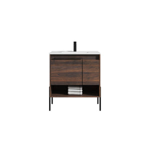 Blossom Turin 30" 1-Door 1-Drawer Cali Walnut Freestanding Single Vanity Base With Open Shelf, Handle and Legs