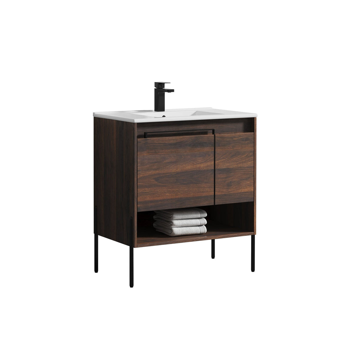 Blossom Turin 30" 1-Door 1-Drawer Cali Walnut Freestanding Single Vanity Base With Open Shelf, Handle and Legs