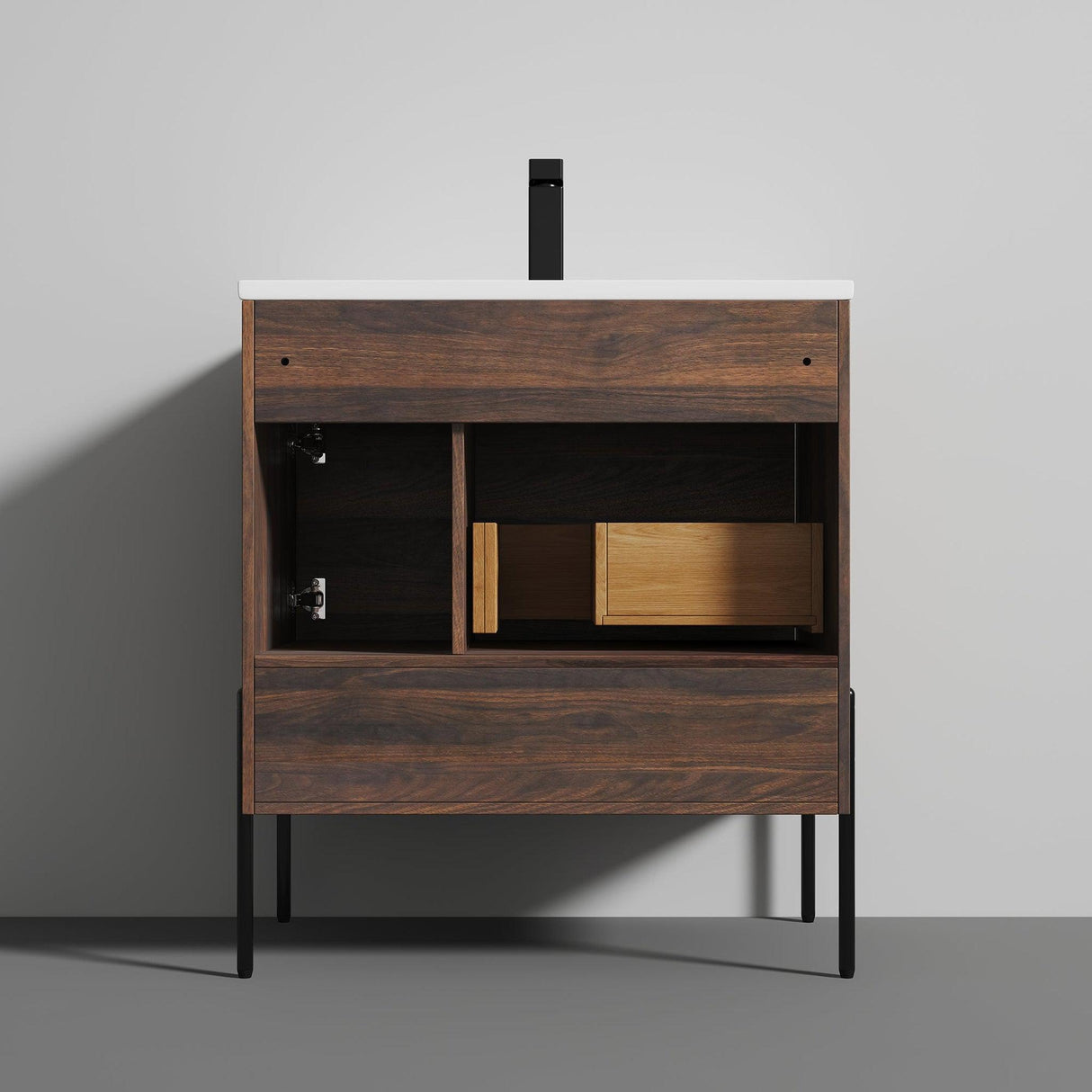 Blossom Turin 30" 1-Door 1-Drawer Cali Walnut Freestanding Single Vanity Base With Open Shelf, Handle and Legs
