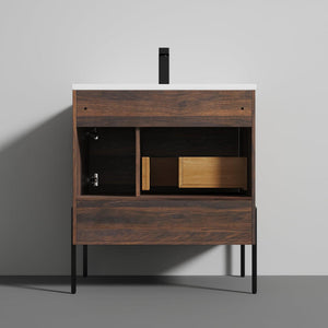 Blossom Turin 30" 1-Door 1-Drawer Cali Walnut Freestanding Single Vanity Base With Open Shelf, Handle and Legs