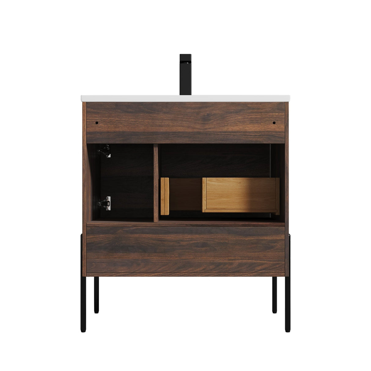Blossom Turin 30" 1-Door 1-Drawer Cali Walnut Freestanding Single Vanity Base With Open Shelf, Handle and Legs