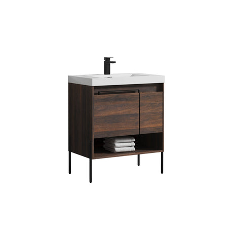Blossom Turin 30" 1-Door 1-Drawer Cali Walnut Freestanding Single Vanity Base With Open Shelf, Handle and Legs