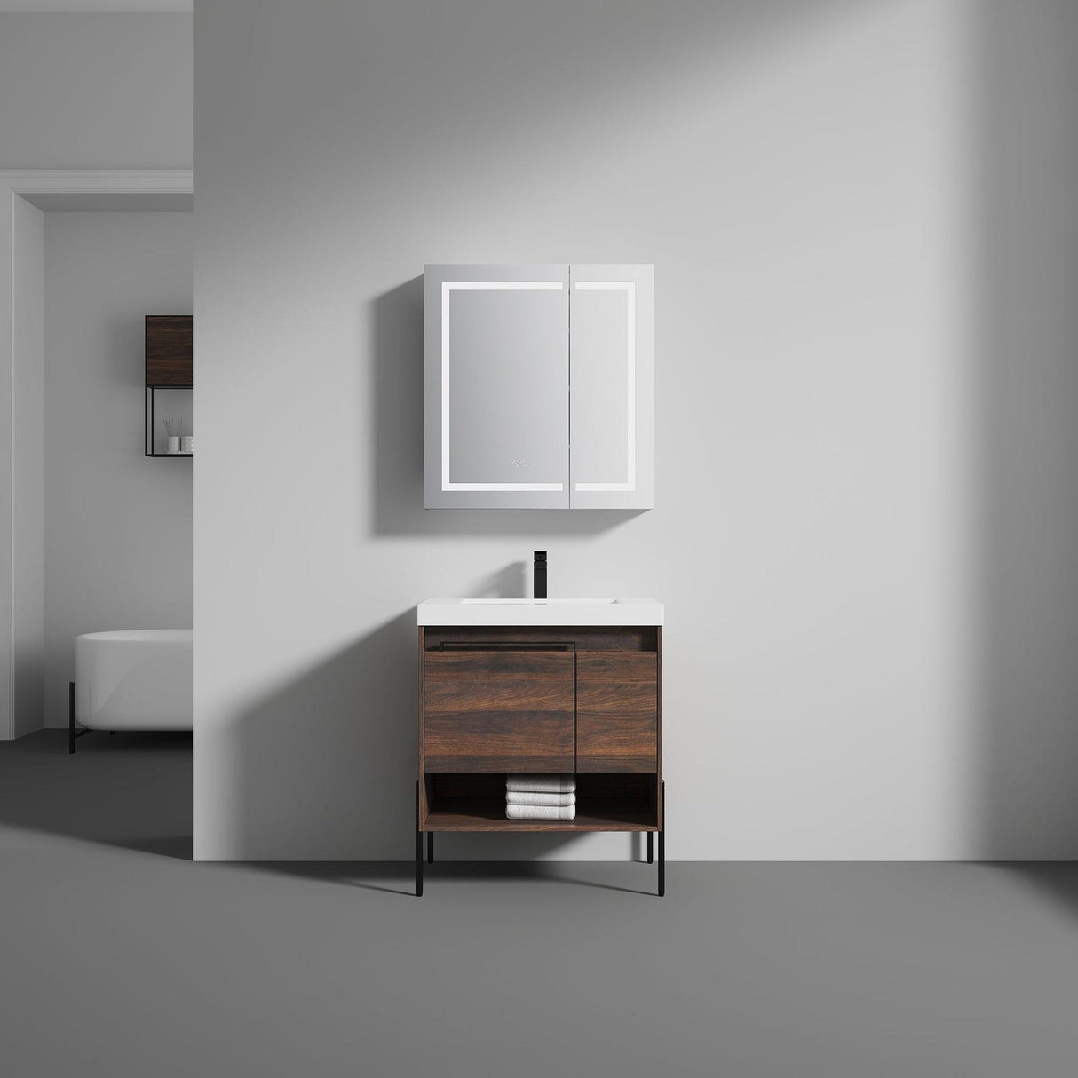 Blossom Turin 30" 1-Door 1-Drawer Cali Walnut Freestanding Single Vanity Base With Open Shelf, Handle and Legs