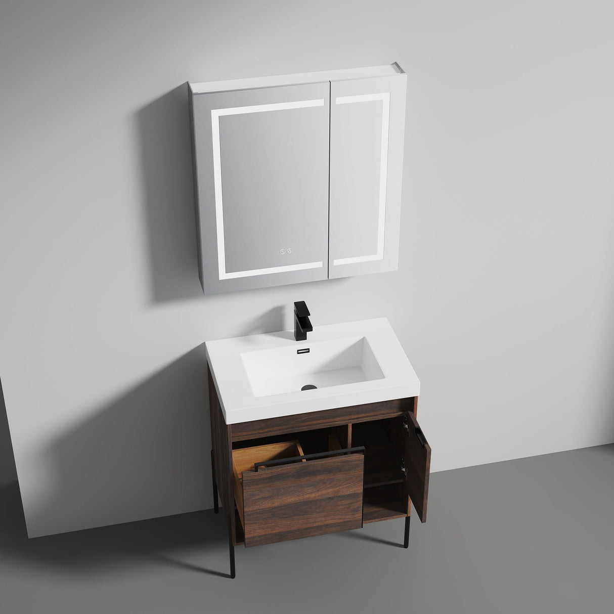 Blossom Turin 30" 1-Door 1-Drawer Cali Walnut Freestanding Single Vanity Base With Open Shelf, Handle and Legs