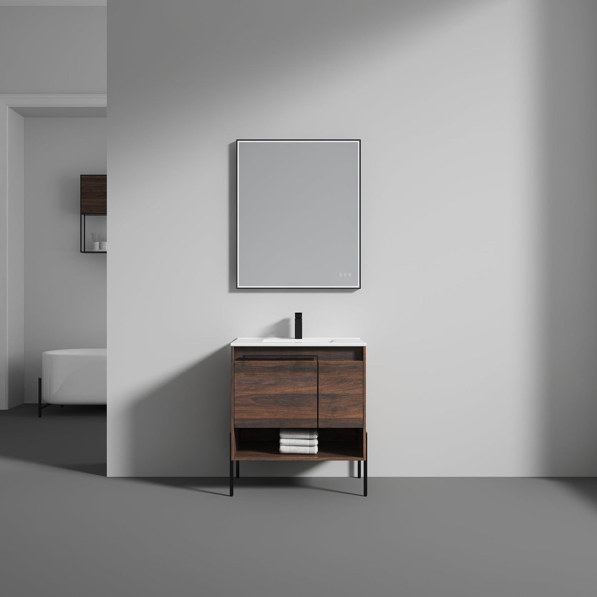 Blossom Turin 30" 1-Door 1-Drawer Cali Walnut Freestanding Single Vanity Base With Open Shelf, Handle and Legs