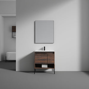 Blossom Turin 30" 1-Door 1-Drawer Cali Walnut Freestanding Single Vanity Base With Open Shelf, Handle and Legs