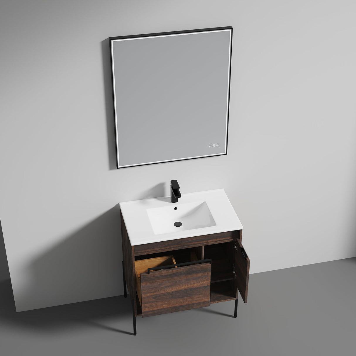 Blossom Turin 30" 1-Door 1-Drawer Cali Walnut Freestanding Single Vanity Base With Open Shelf, Handle and Legs