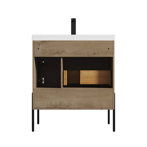 Blossom Turin 30" 1-Door 1-Drawer Classic Oak Freestanding Single Vanity Base With Open Shelf, Handle and Legs