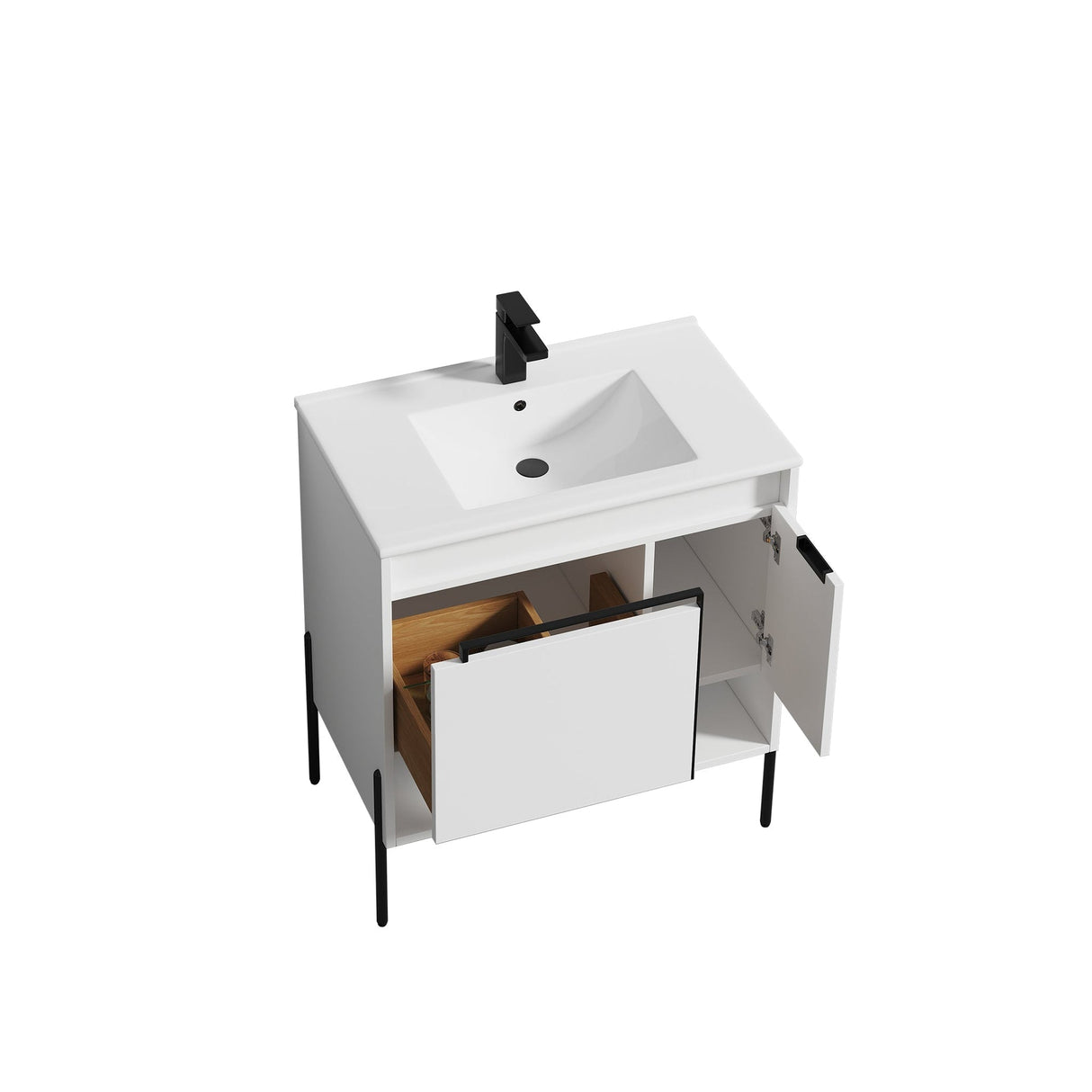Blossom Turin 30" 1-Door 1-Drawer Matte White Freestanding Single Vanity Base With Open Shelf, Handle and Legs