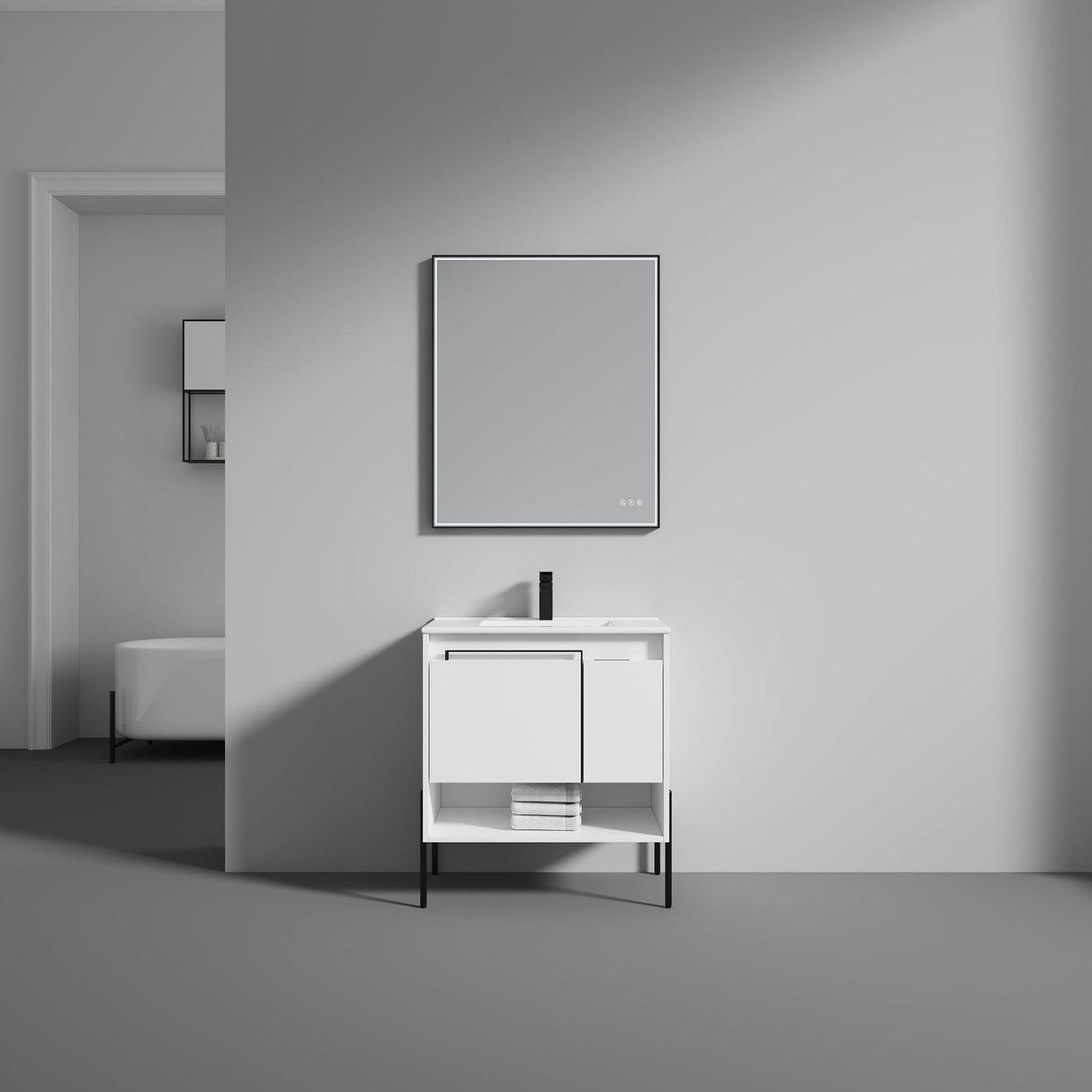 Blossom Turin 30" 1-Door 1-Drawer Matte White Freestanding Single Vanity Base With Open Shelf, Handle and Legs