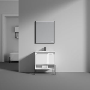 Blossom Turin 30" 1-Door 1-Drawer Matte White Freestanding Single Vanity Base With Open Shelf, Handle and Legs