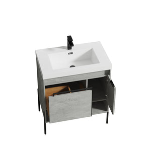 Blossom Turin 30" 1-Door 1-Drawer Plain Cement Freestanding Single Vanity Base With Open Shelf, Handle and Legs