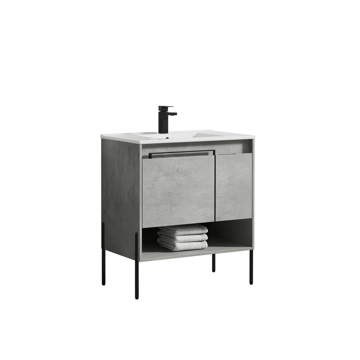 Blossom Turin 30" 1-Door 1-Drawer Plain Cement Freestanding Single Vanity Base With Open Shelf, Handle and Legs