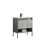 Blossom Turin 30" 1-Door 1-Drawer Plain Cement Freestanding Single Vanity Base With Open Shelf, Handle and Legs