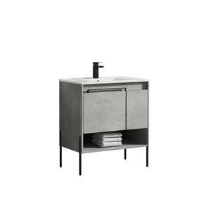 Blossom Turin 30" 1-Door 1-Drawer Plain Cement Freestanding Single Vanity Base With Open Shelf, Handle and Legs