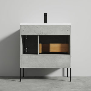 Blossom Turin 30" 1-Door 1-Drawer Plain Cement Freestanding Single Vanity Base With Open Shelf, Handle and Legs