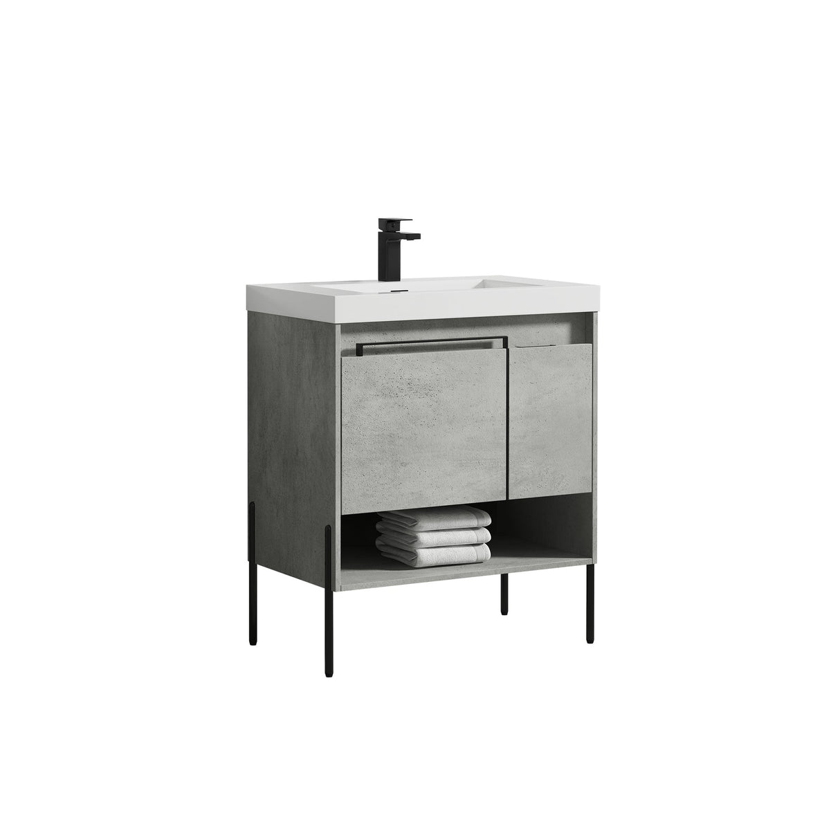 Blossom Turin 30" 1-Door 1-Drawer Plain Cement Freestanding Single Vanity Base With Open Shelf, Handle and Legs