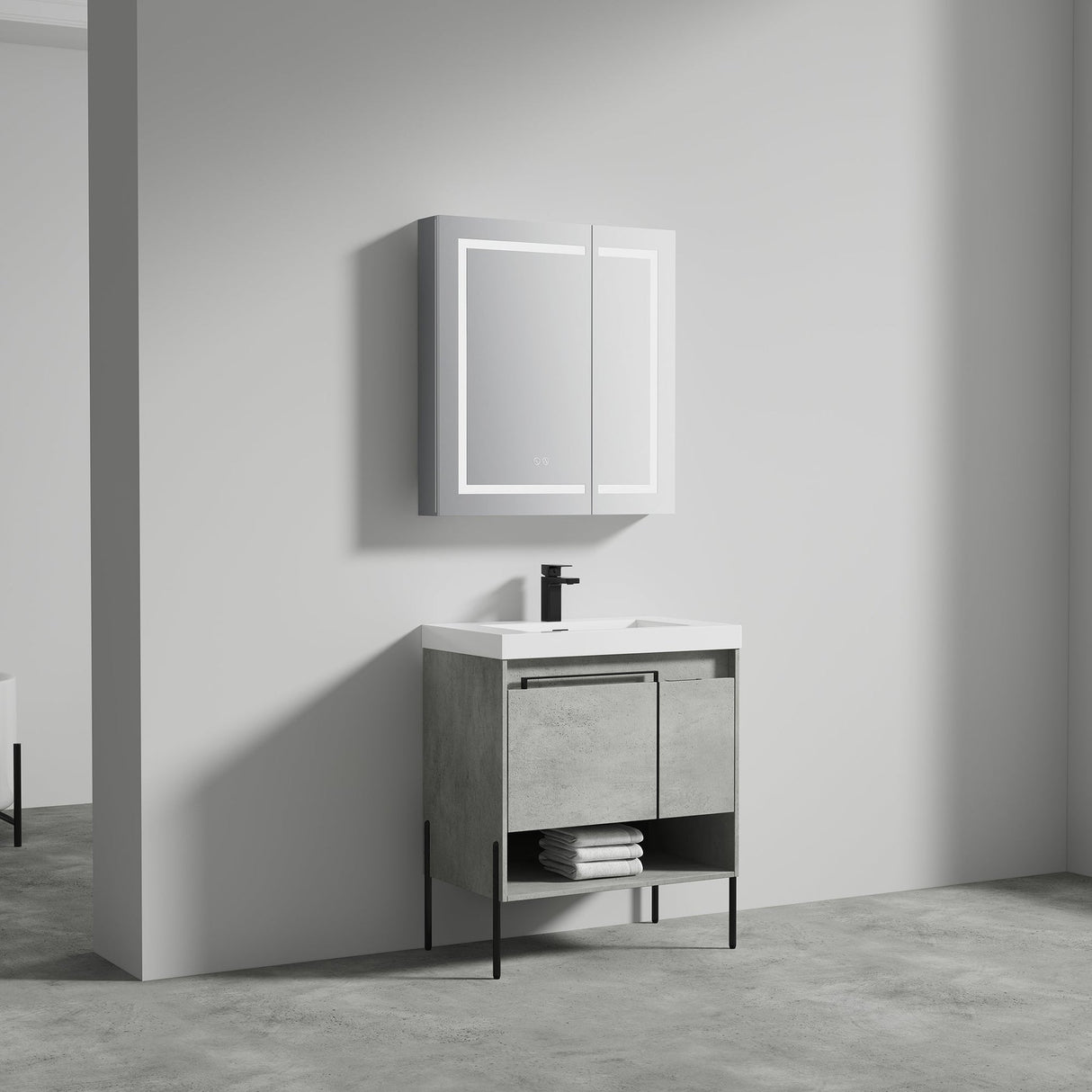 Blossom Turin 30" 1-Door 1-Drawer Plain Cement Freestanding Single Vanity Base With Open Shelf, Handle and Legs