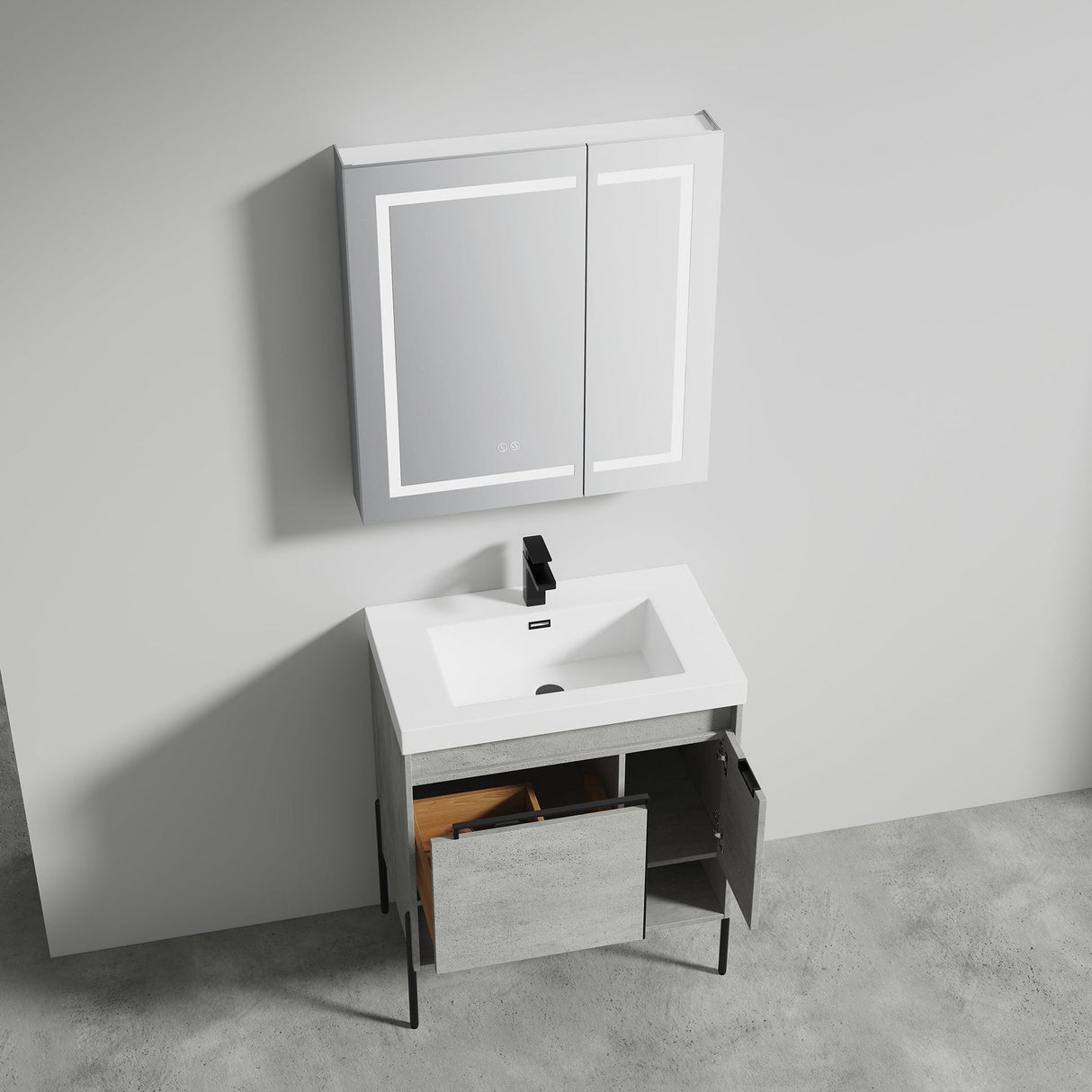 Blossom Turin 30" 1-Door 1-Drawer Plain Cement Freestanding Single Vanity Base With Open Shelf, Handle and Legs