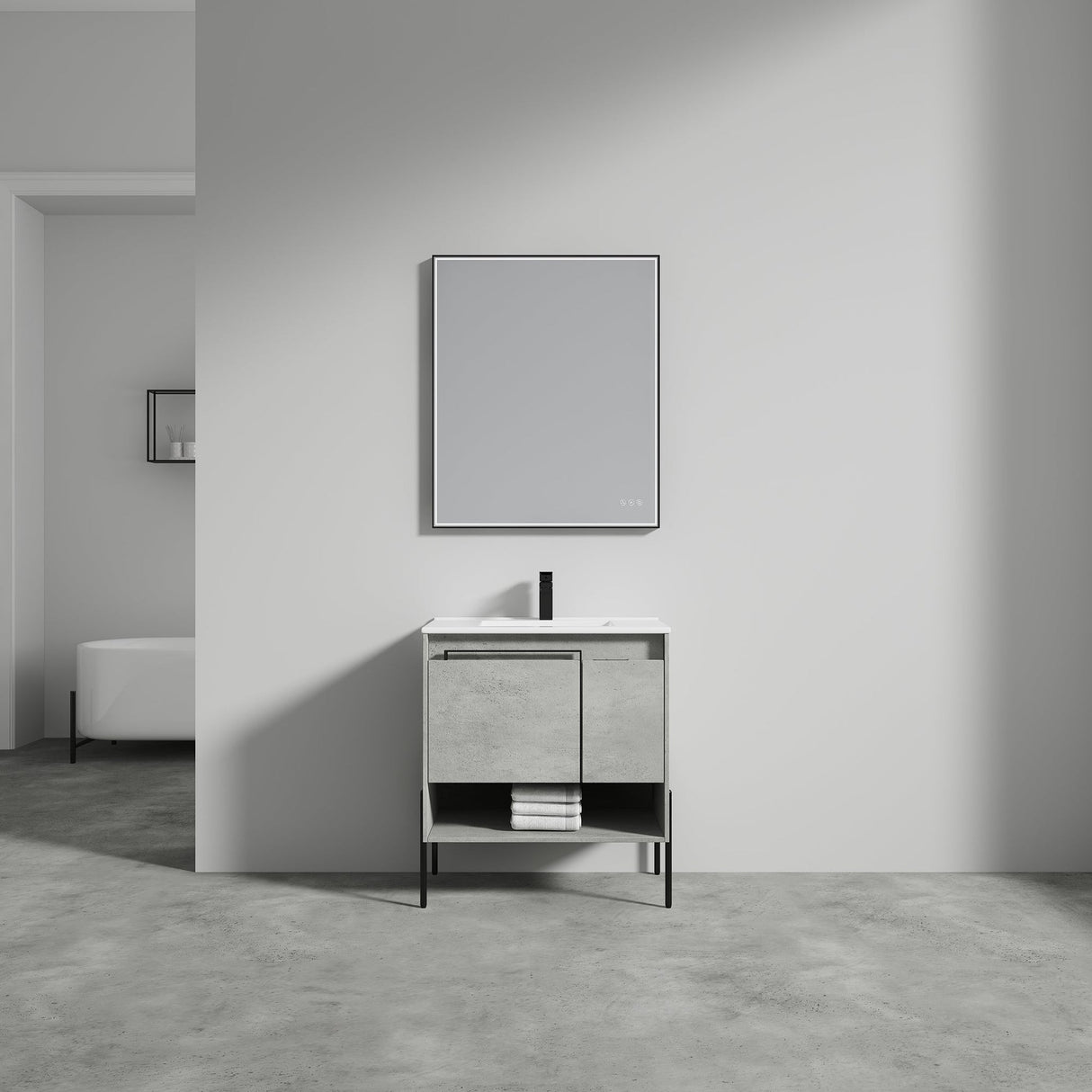 Blossom Turin 30" 1-Door 1-Drawer Plain Cement Freestanding Single Vanity Base With Open Shelf, Handle and Legs
