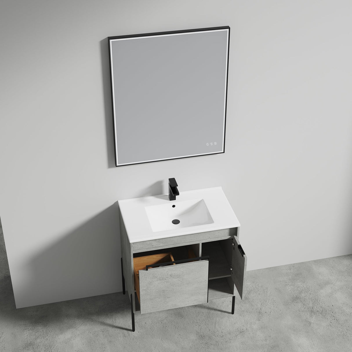 Blossom Turin 30" 1-Door 1-Drawer Plain Cement Freestanding Single Vanity Base With Open Shelf, Handle and Legs