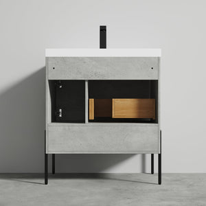 Blossom Turin 30" 1-Door 1-Drawer Plain Cement Freestanding Single Vanity Base With Open Shelf, Handle and Legs