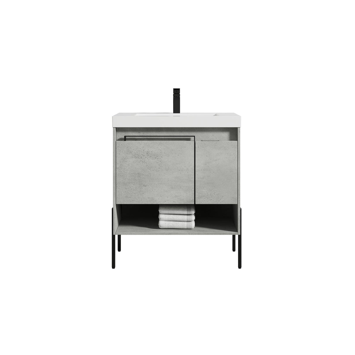 Blossom Turin 30" 1-Door 1-Drawer Plain Cement Freestanding Single Vanity Base With Open Shelf, Handle and Legs