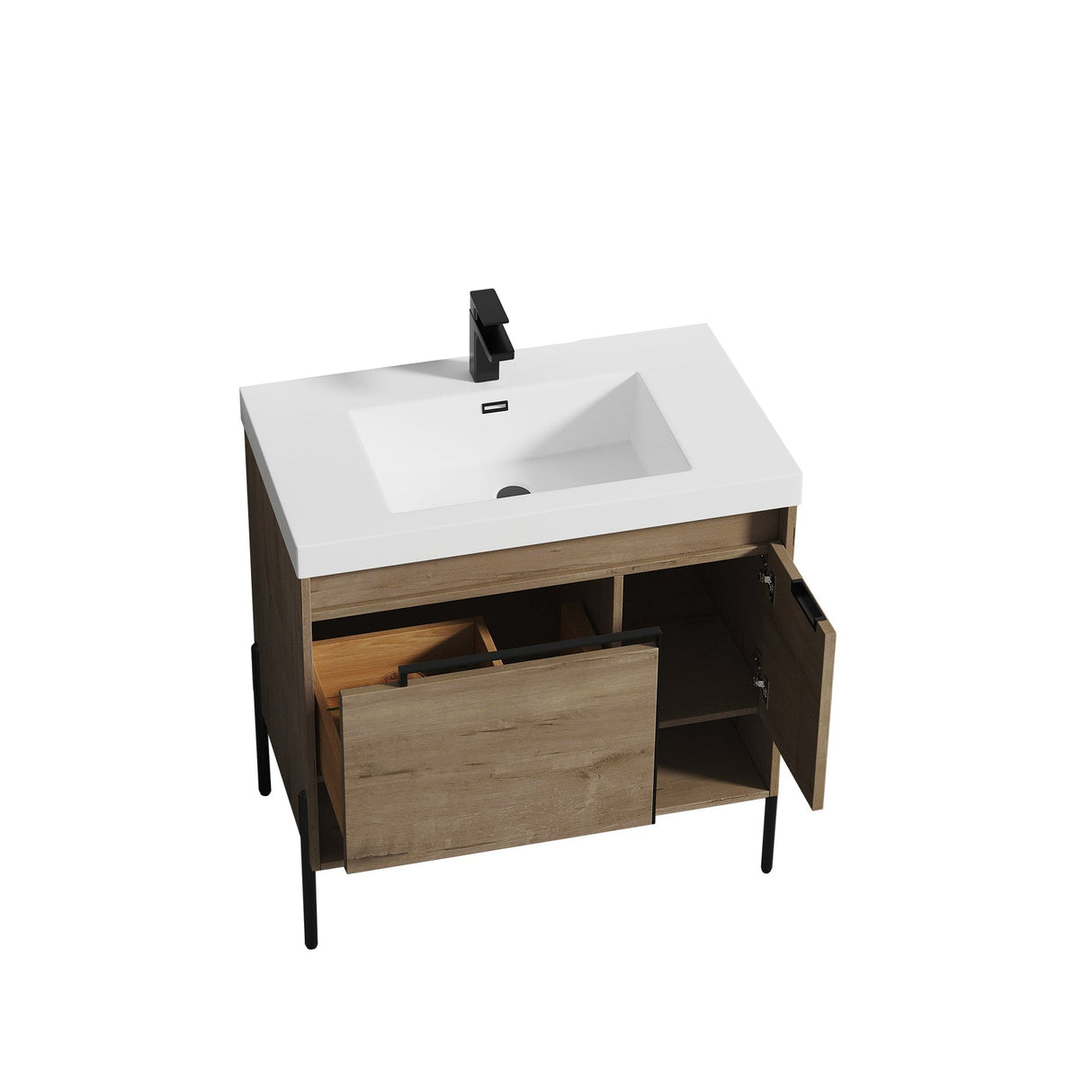 Blossom Turin 36" 1-Door 1-Drawer Classic Oak Freestanding Single Vanity Base With Open Shelf, Handle and Legs
