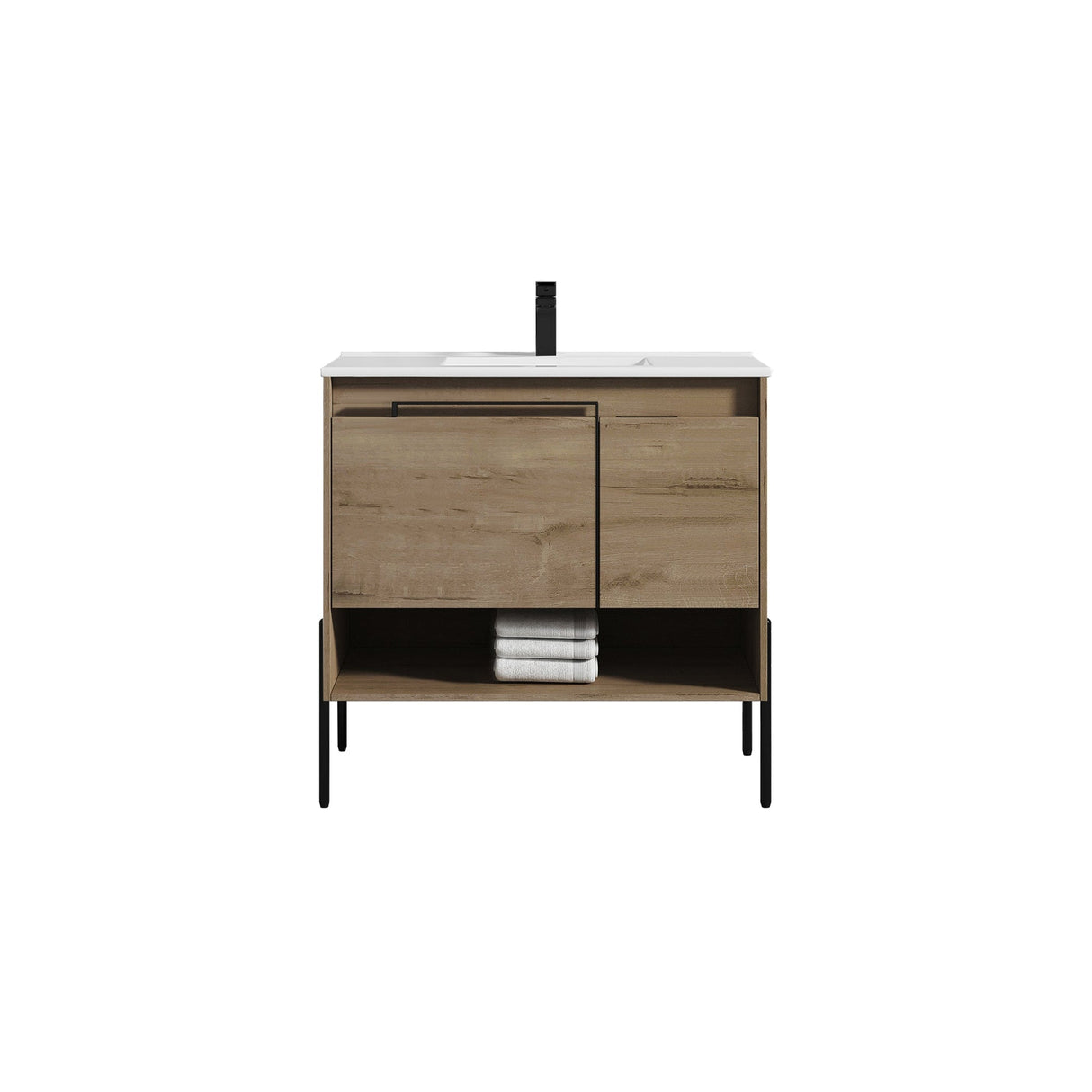 Blossom Turin 36" 1-Door 1-Drawer Classic Oak Freestanding Single Vanity Base With Open Shelf, Handle and Legs