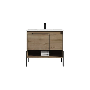 Blossom Turin 36" 1-Door 1-Drawer Classic Oak Freestanding Single Vanity Base With Open Shelf, Handle and Legs