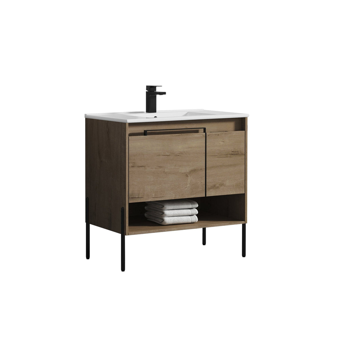 Blossom Turin 36" 1-Door 1-Drawer Classic Oak Freestanding Single Vanity Base With Open Shelf, Handle and Legs