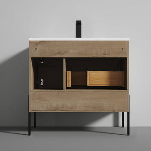 Blossom Turin 36" 1-Door 1-Drawer Classic Oak Freestanding Single Vanity Base With Open Shelf, Handle and Legs