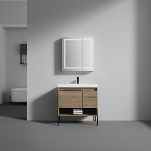 Blossom Turin 36" 1-Door 1-Drawer Classic Oak Freestanding Single Vanity Base With Open Shelf, Handle and Legs