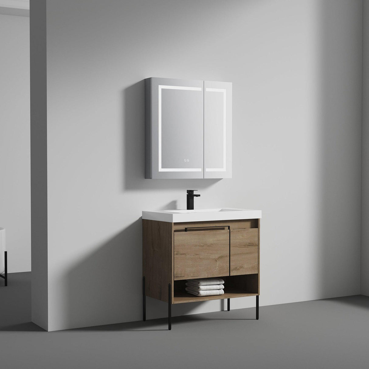 Blossom Turin 36" 1-Door 1-Drawer Classic Oak Freestanding Single Vanity Base With Open Shelf, Handle and Legs